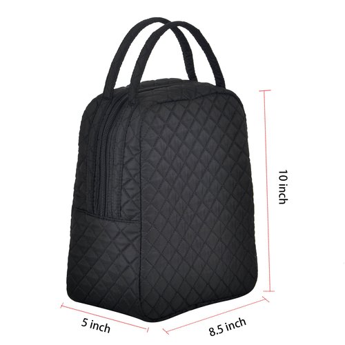 Large Quilted Fabric Cotton Reusable Inusulated Lunch Tote Bag Cooler Snack Bag Women Pretty Thermal Lunch box Storage Gift Bag for Work & Outdoor (Black)