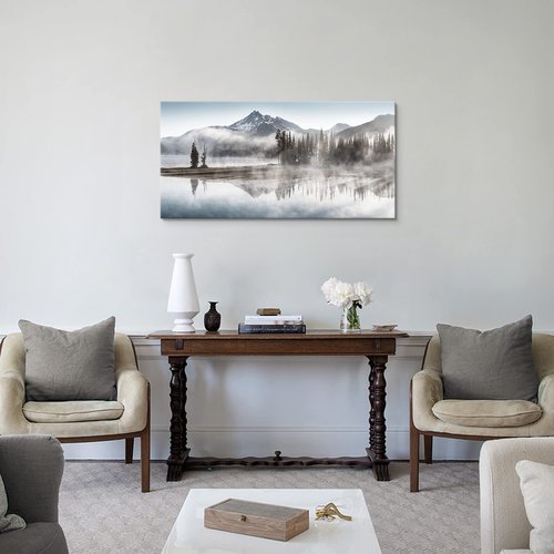 WALLSUP DECOR Forest Mountain Art Canvas Picture - Landscape Nature Shadow Lake Painting Modern Snowy Misty Mountains Wall Print with Pine Tree Artwork for Living Room Office