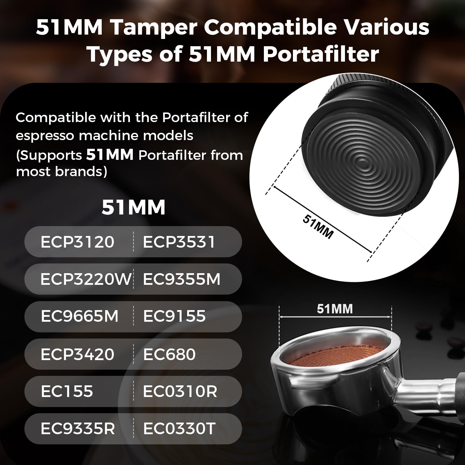 IKAPE 51MM Espresso Tamper, New Wooden Handle Design，Premium Barista Coffee Calibrated Tamper with Spring Loaded, 100% Stainless Steel Tamper Compatible with All 51MM Bottomless Portafilter