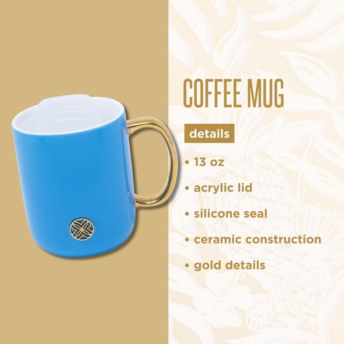 Lilly Pulitzer Ceramic Coffee Mug, 13 Oz Tea Cup with Silicone Lid and Gold Logo, Cute Mug with Gold Handle (Blue Stream)