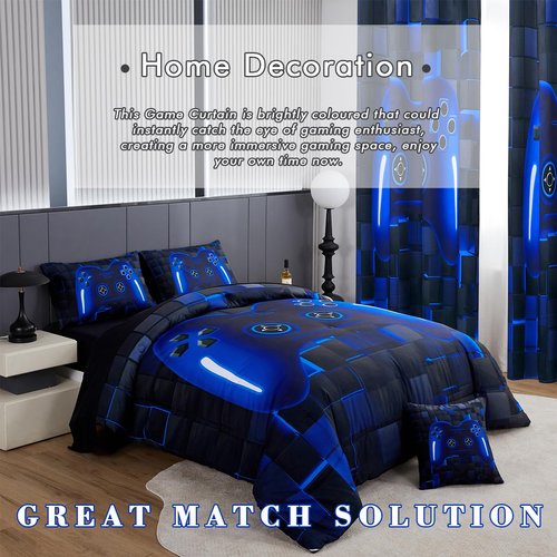 PERFEMET Gamer Kids Curtains for Bedroom 2 Panels-Black Blue Video Game Console Blackout Cutain for Boys Teen Living Room Home Decor 3D Cool Gaming Grommet Window Treatment Drapes(Blue, 42x63inch)