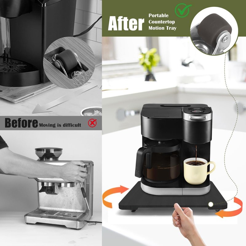 360° Rolling Tray for Coffee Maker, Sliding Tray Countertop Appliance Slider with Rubber Wheels for Heavy Kitchen Appliances, Easily from Under Cabinet (13" W x 16" D, Black)