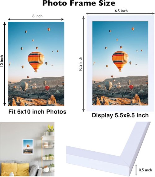 JCJMY 6x10 Picture Frame - White Wall Mount or Tabletop Display | Shatter-Resistant Plexiglass