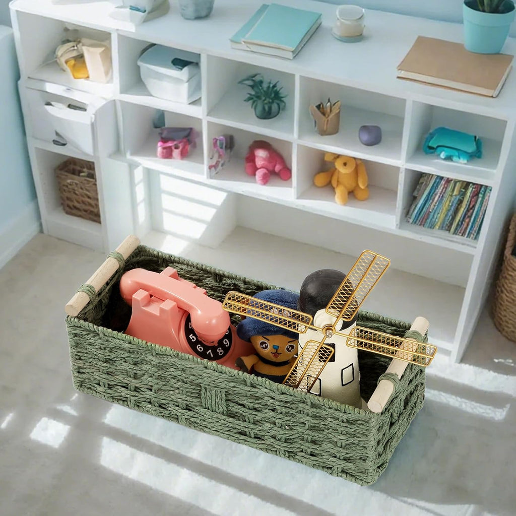 Skiennix Toilet Paper Storage Basket - Decorative Wicker Design with Wooden Handles | Green Paper Rope for Bathroom Decor