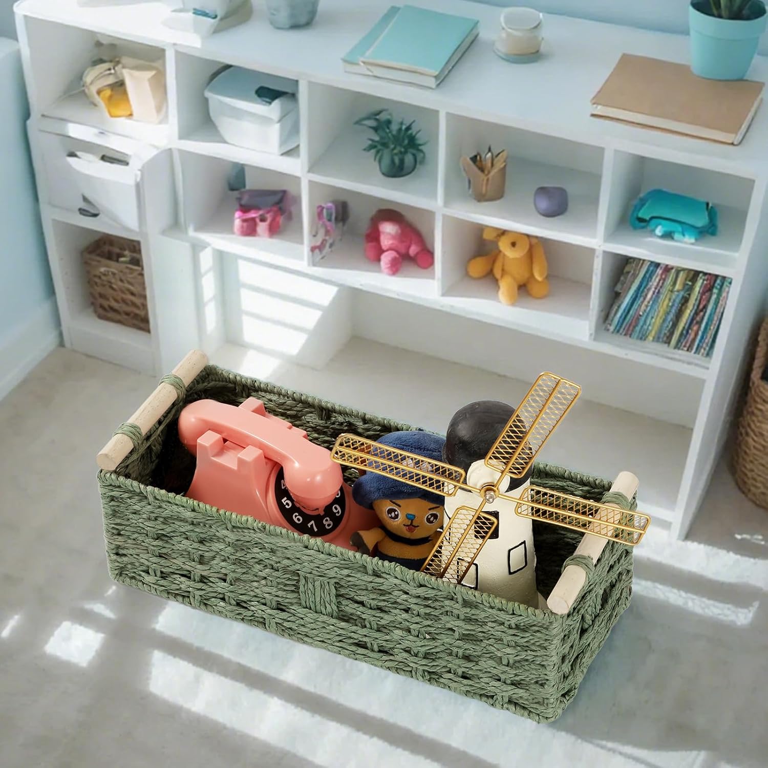 Skiennix Toilet Paper Storage Basket - Decorative Wicker Design with Wooden Handles | Green Paper Rope for Bathroom Decor