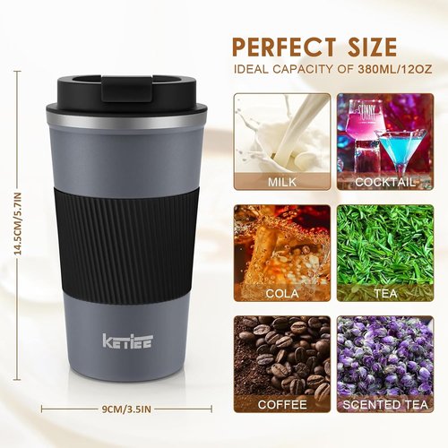 KETIEE Travel Coffee Mug - Insulated 12oz Stainless Steel Tumbler with Spill-Proof Lid | Grey