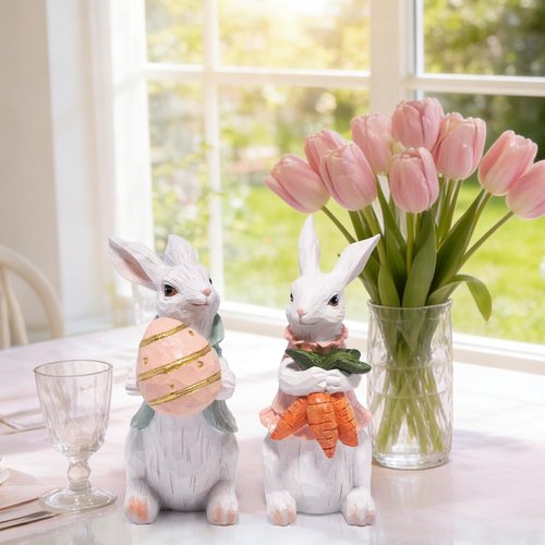 Hodao Easter Bunny Decorations - Spring Home Decor Bunny Figurines | Set of 2 White Rabbits