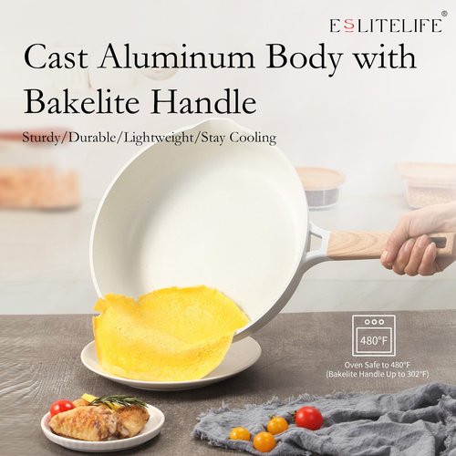 ESLITE LIFE Nonstick Ceramic Frying Pan Skillet with Lid, Non-Toxic Egg Omelette Kitchen Cooking Pans Compatible with All Stovetops (Gas, Electric & Induction), PTFE & PFOA Free (White, 8" w/Lid)