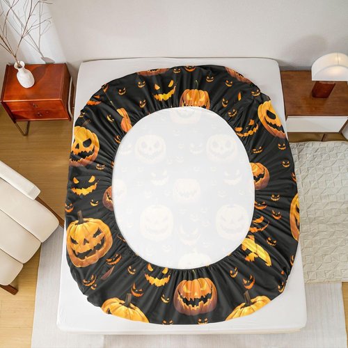 Feelyou Funny Pumpkin Bed Set Cute Halloween Bed Sheets for Kids Boys Girls Children Orange Black Sheet Set Cartoon Festival Decor Sheets with 2 Pillowcases 4Pcs Bedding Full