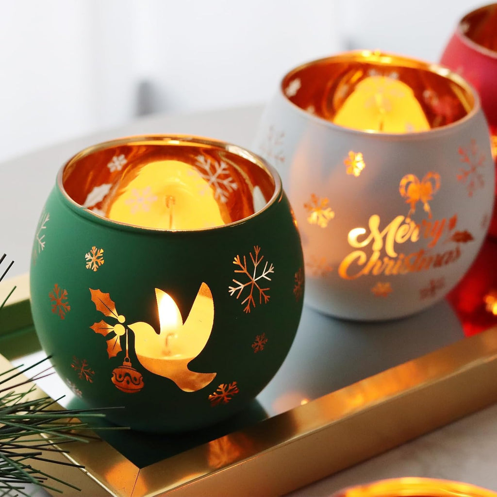 Skiennix Christmas Votive Candle Holder Set - 6 Red, Green & White Glass Tealight Holders with Laser Engraved Designs for Winter Table Decor