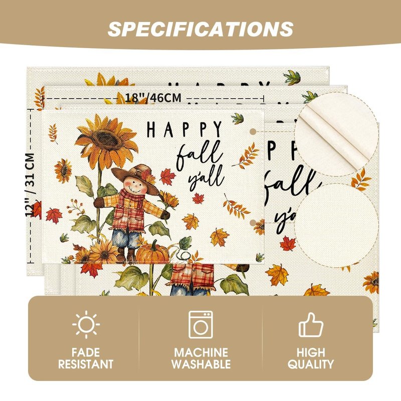 Artoid Mode Happy Scarecrow Leaves Fall Placemats Set of 6, 12x18 Inch Seasonal Thanksgiving Holiday Table Mats for Party Kitchen Dining Decoration