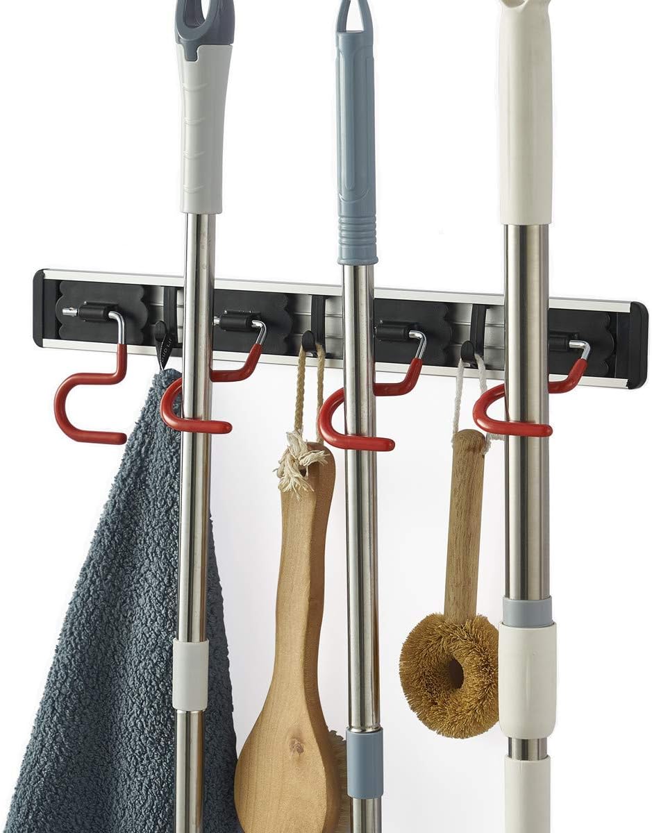 Skiennix Wall Mounted Mop and Broom Holder - Stainless Steel Organizer with 4 Positions & 3 Hooks | 17 Inches, Red/Black