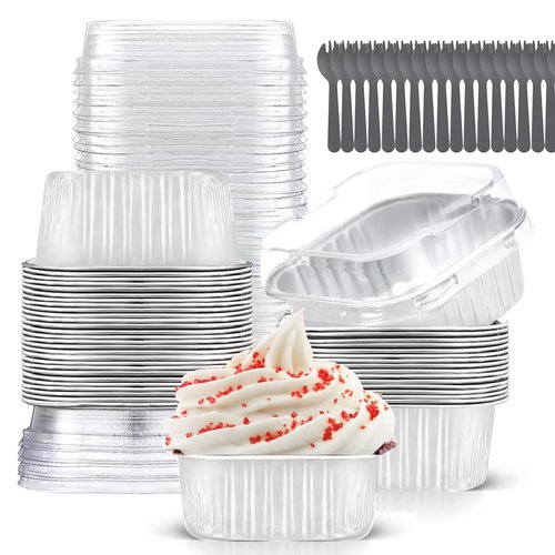 Mini Cake Pans With Lids (10oz,40 Pack) Aluminum Foil Square Cupcake Liners Brownie Baking Cups,Disposable 4”x4” Large Cupcake Pan,Jumbo Muffin Tin Ramekins Holders