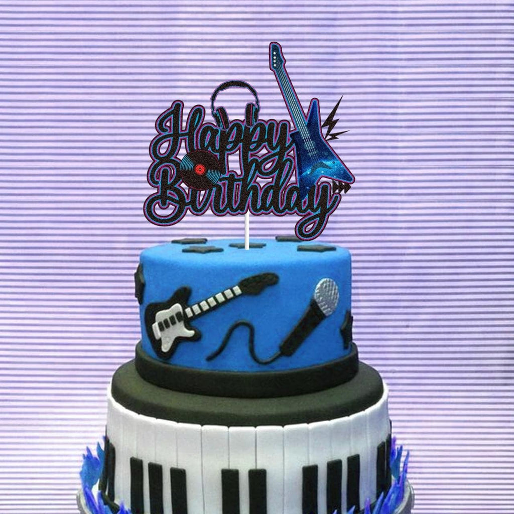 Skiennix Electric Guitar Cake Topper - Black & Purple Glitter Rock Music Theme for Birthday Parties