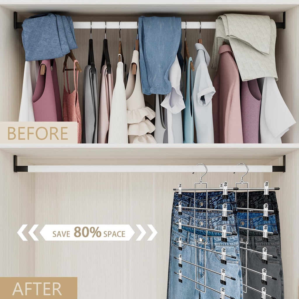 Skiennix Pants Hangers with Clips - Space-Saving 6-Tier Closet Organizer with 360° Swivel Hook