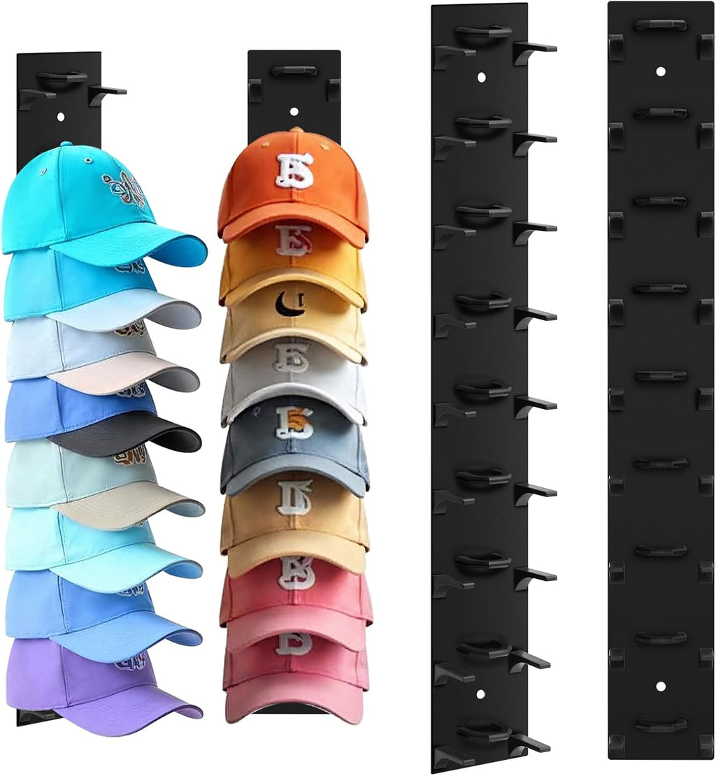 Skiennix Hat Organizer - 2 Pack Wall Rack for Up to 18 Baseball Caps | Strong Adhesive Hooks, Black