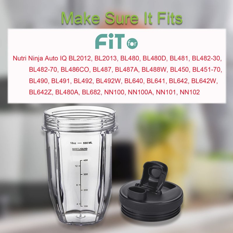 [Upgraded] Replacement 18oz Cups for Nutri Ninja Blenders, Blender Replacement Parts with Upgraded Lid For Auto-IQ BL480, BL482, BL490, BL640, BL642, & BL680 Auto IQ Series Blenders., 2 Pack