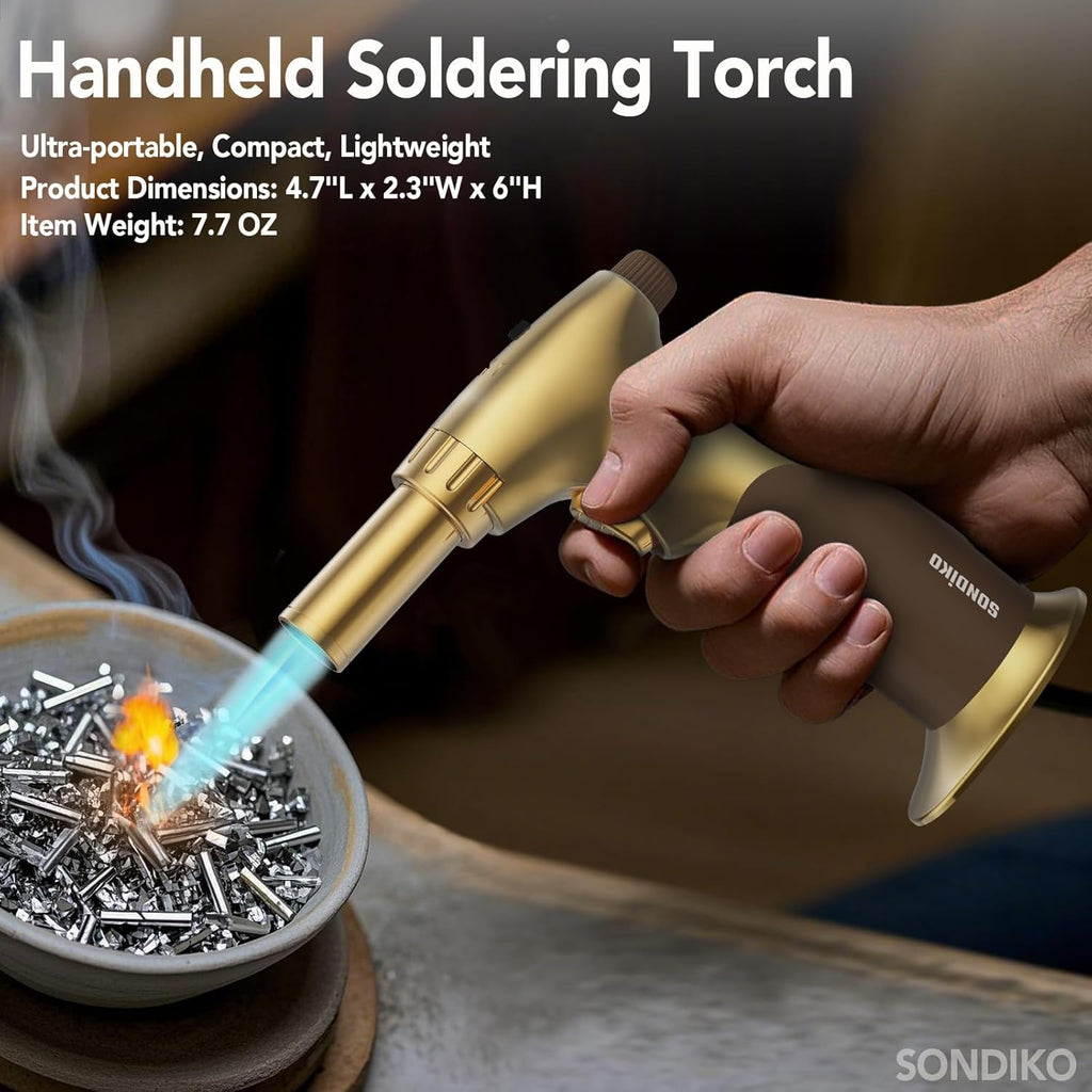 Sondiko Dual Style Butane Torch Lighter - Adjustable Flame Size & Continuous Flame Lock | Gold Finish
