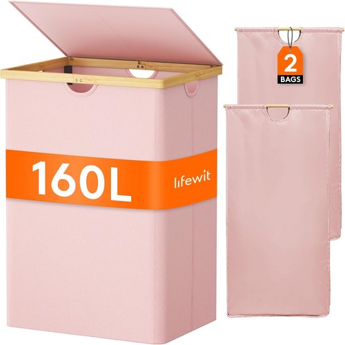 Lifewit 160L Double Laundry Hamper - Extra Large Bamboo Basket with Lid & 2 Removable Liners | Pink