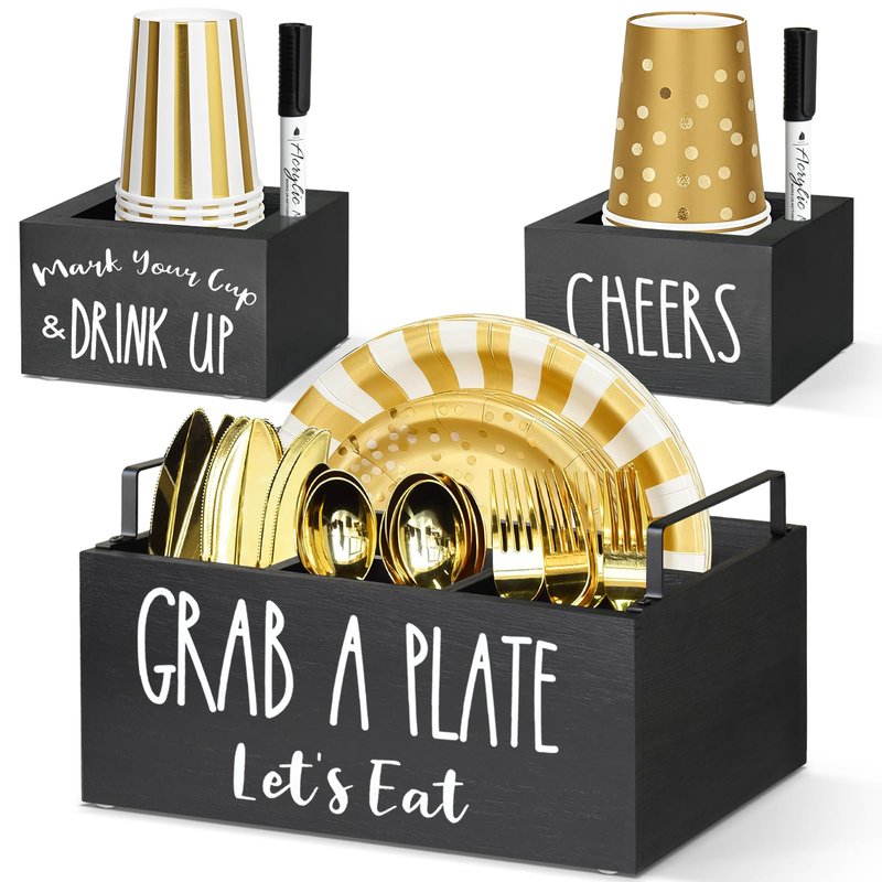Paper Plate Holders with 2 Cup Holders and 2 Markers, Wood Utensil Holder for Party, Kitchen Paper Plate Dispenser for Counter, Disposable Plate Organizer, Silverware Holder for Cup, Plate, Napkin
