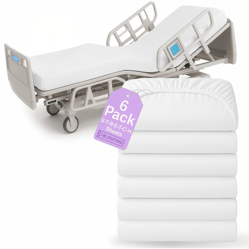 BLISSFORD - 6 Pack Fitted Hospital Bed Sheets with Elastic All Around for a Cotton Rich Soft Knitted Jersey Sheet, 36” x 84” x 12”