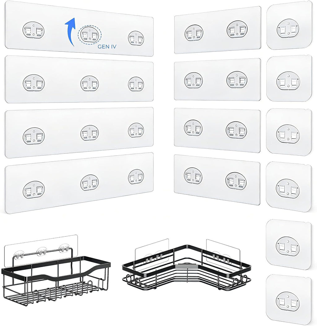 Shower Caddy Adhesive Hooks by [Brand Name] - Strong Waterproof Strips for No-Drill Bathroom & Kitchen | Transparent - 14 Pack