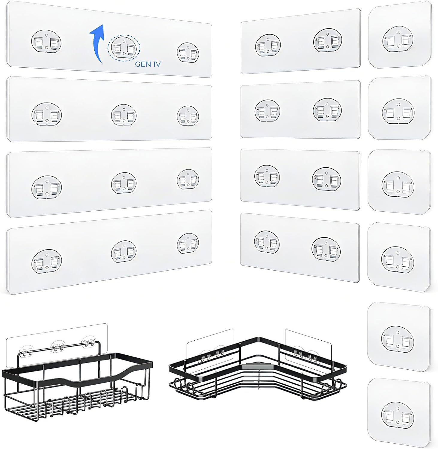 Shower Caddy Adhesive Hooks by [Brand Name] - Strong Waterproof Strips for No-Drill Bathroom & Kitchen | Transparent - 14 Pack