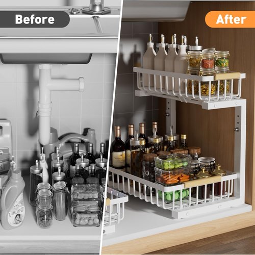 Lxmons Under Sink Organizer, 2 Tier Height Adjustable Pull Out Cabinet Organizer Drawer, Metal Storage Shelf with Slide Out Wire Basket for Bathroom Kitchen, Countertop Pantry, White
