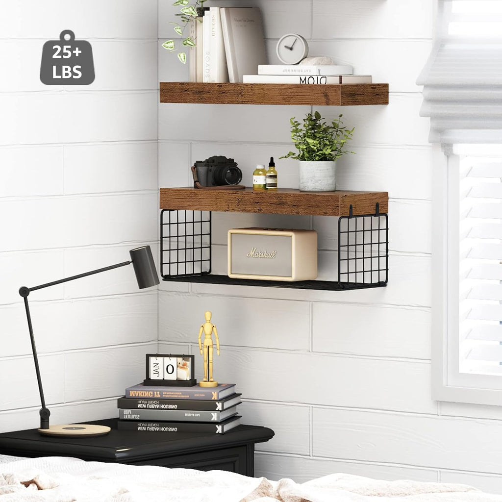 QEEIG Bathroom Shelves Over Toilet - Rustic Brown Wall-Mounted Floating Shelves | Set of 2, 16 Inch Storage Solution