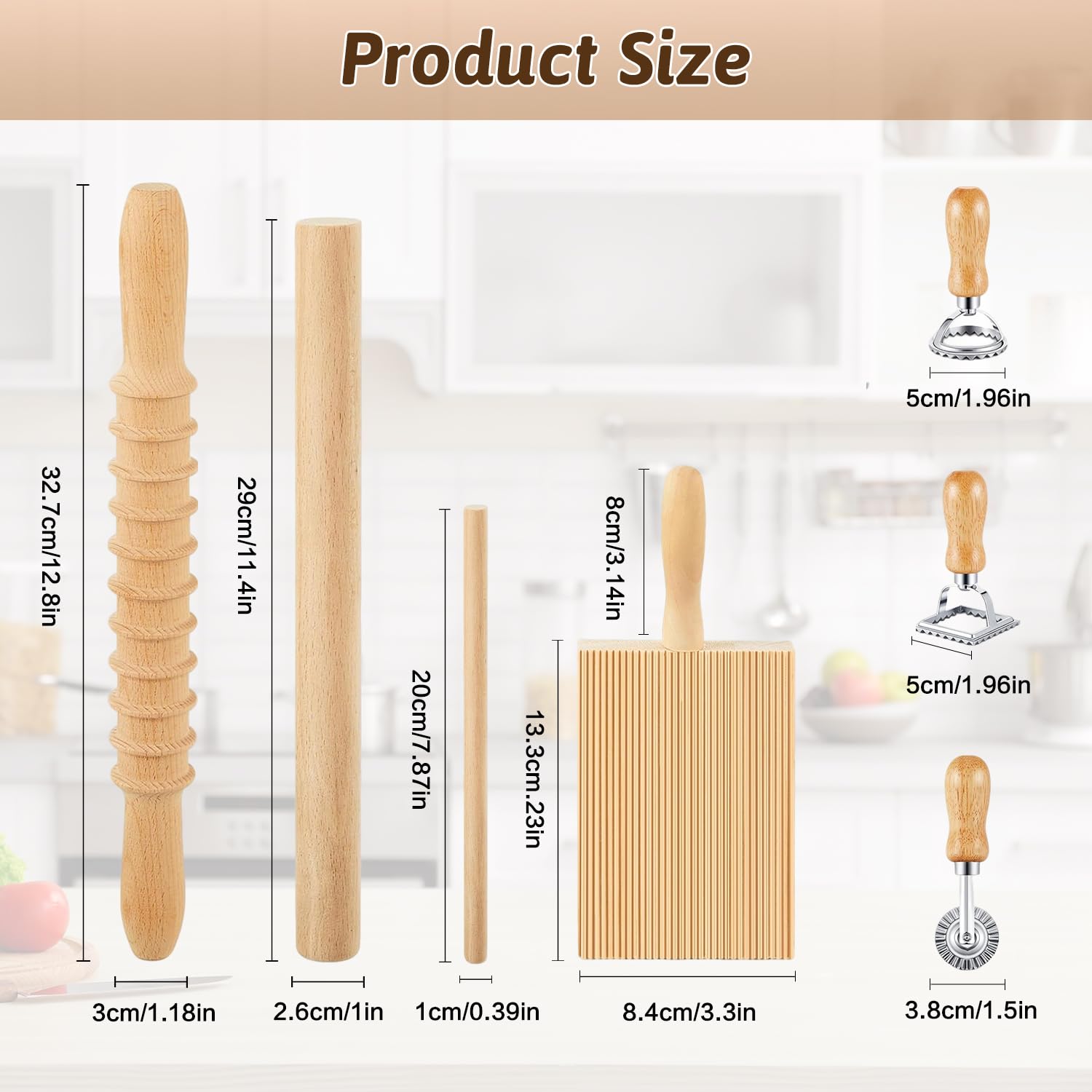 Mlesi 7 Pcs Pasta Making Tools, Wooden pasta kit with Rolling Pin, pasta cutter, Gnocchi Board, Ravioli Stamp, Homemade Noodle Dumpling Pasta Making Accessories