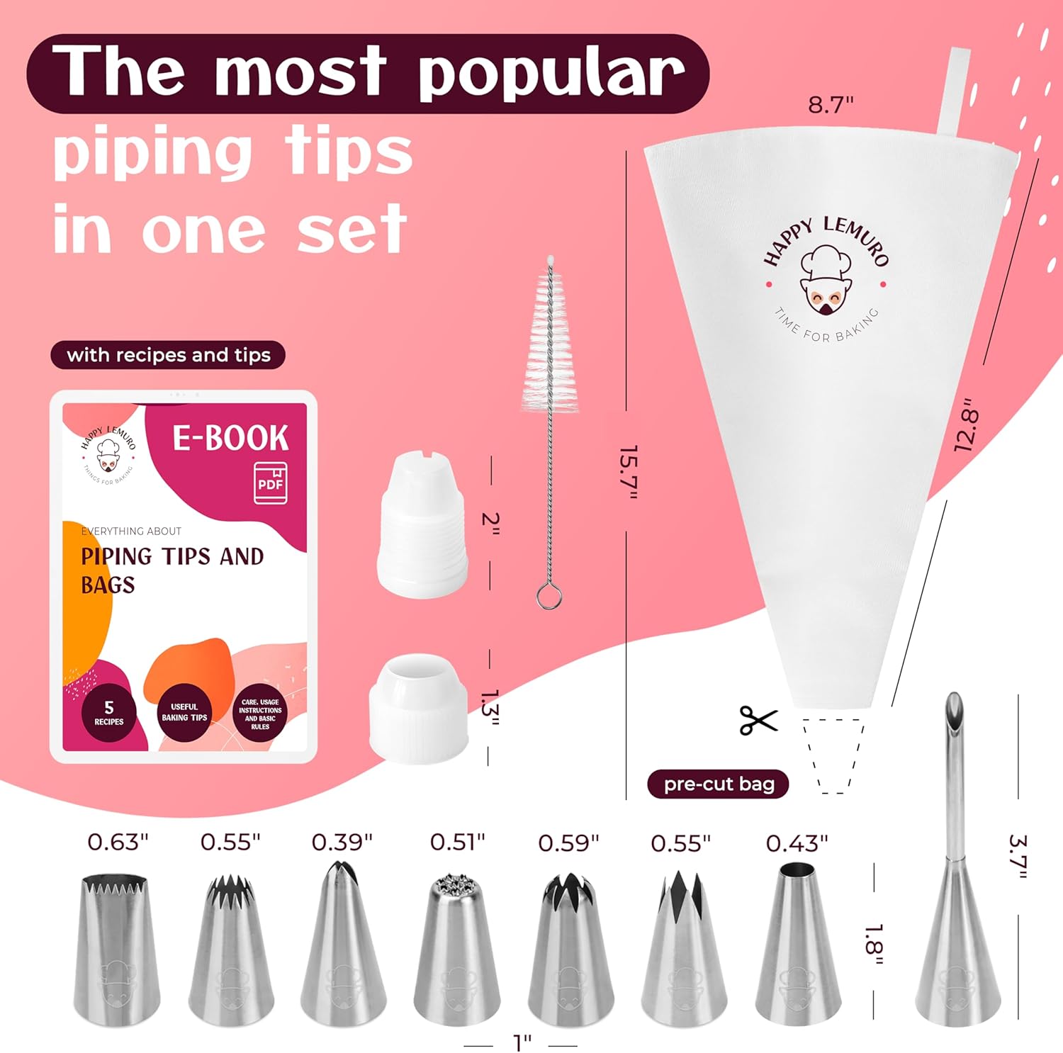 Premium Reusable Piping Bags Set | Cotton Pastry Bag 16" with 8 Large Icing Tips - Dishwasher Safe
