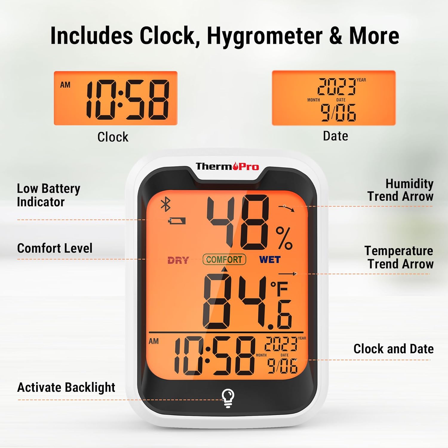 ThermoPro TP358 Bluetooth Thermometer - Smart Temperature & Humidity Sensor | 260Ft Range, Backlit Display