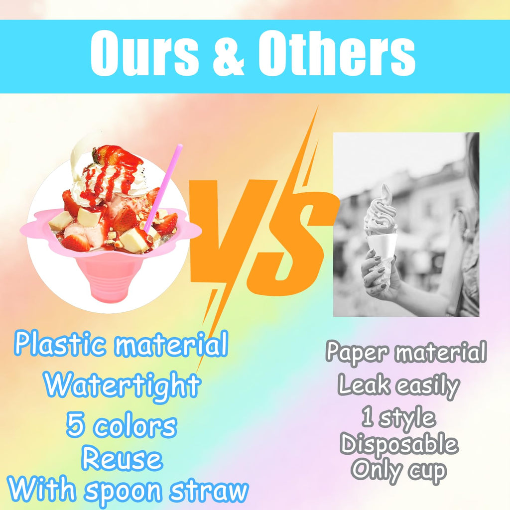 Cmaqpw 200PCS 4oz Colorful Snow Cone Cups Set with 100Pcs Spoon Straws and 100Pcs Cups,Plastic Reusable Flower Shaved Ice Drip Cups Snack Ice Cream Bowls for Birthday Party,Holiday,Summer