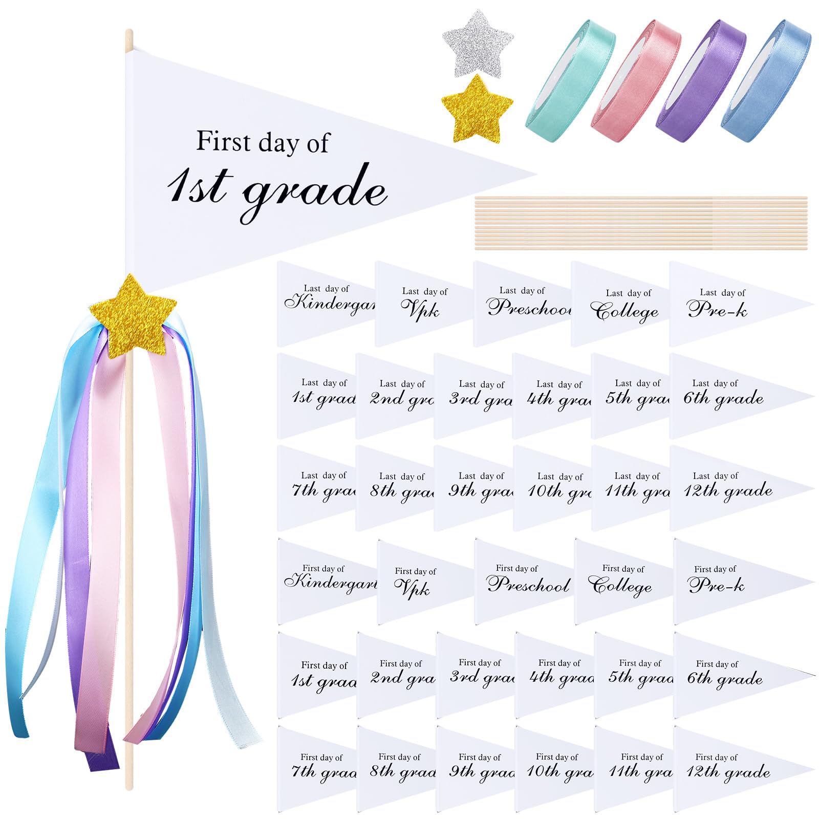 TaoBary 34 Packs First Day of School Flag DIY Back to School Pennants Last Day Pennants Flag Reusable 17 Grades Photo Prop with Stars and Stick for Preschool to College Welcome Classroom Decoration