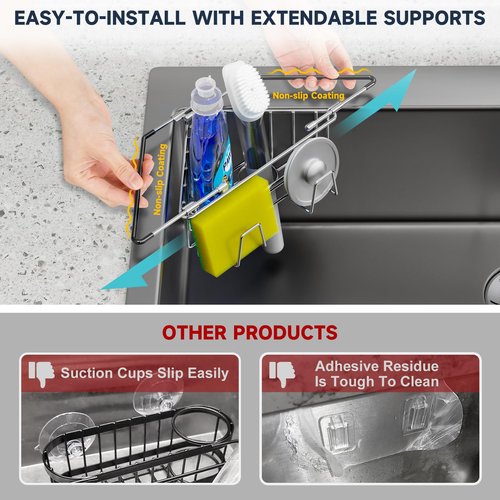 NiHome Extendable Arm Stainless Steel Kitchen Sink Corner Caddy, Easy Install Space-Saving Adjustable Sponge Holder, Non-Slip Rust-Resistant for Brushes, Soap, Sponges (Silver)