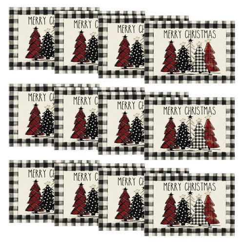 Artoid Mode Waterclor Buffalo Plaid Christmas Trees Placemats Set of 12, 12x18 Inch Winter Table Mats for Outdoor Home Party Kitchen Dining Decor