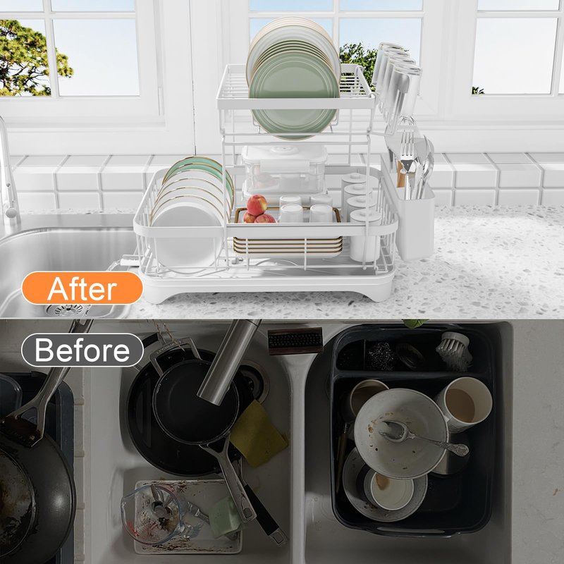 Dish Drying Rack - 304 Stainless Steel Dish Rack for Kitchen Counter , Adjustable Spout Auto-Draining Dish Rack, 2-Tier Kitchen Organizers and Storage Rack with Drainboard and Cutlery Holder White