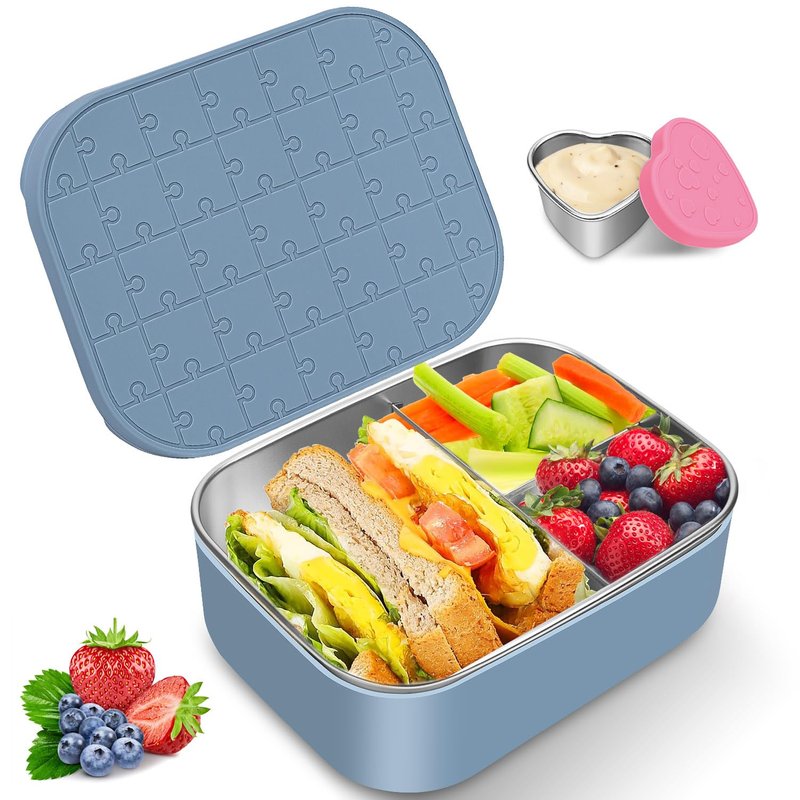 Small Stainless Steel Bento Lunch Box - Reusable Divided Metal Snack Bento Box 3-Compartment Food Meal Prep Storage Lunch Containers Leakproof with Dip Container,Dishwasher,Freezer Safe, BPA-Free