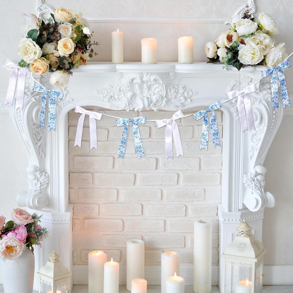 Vintage Floral Bow Garland - 6.65 Ft Blue & White Satin Ribbon Banner for Weddings & Parties