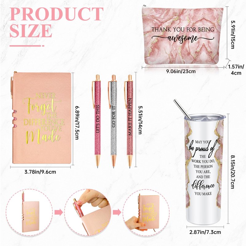 Domensi 6 Pcs Employee Appreciation Gift for Women Teacher Nurse Week Thank You Gift May You Be Proud 20 oz Rustic Marble Sign Tumbler Makeup Bag Journal for Graduation Work Business(Pink)