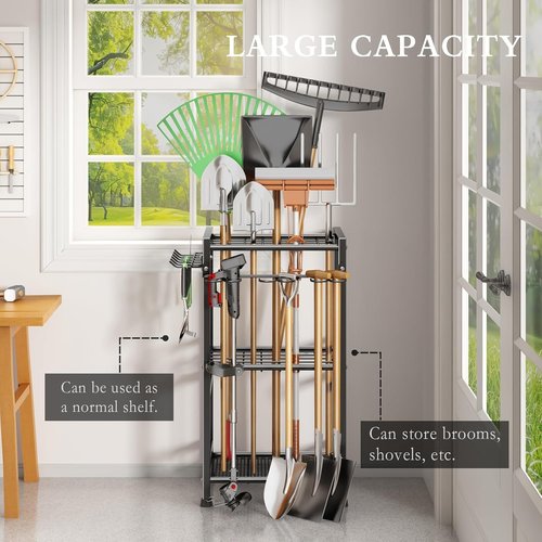 CICUFY Heavy-Duty Garden Tool Organizer - Metal Rack with Extra Hooks for Up to 35 Long Handled Tools | Black