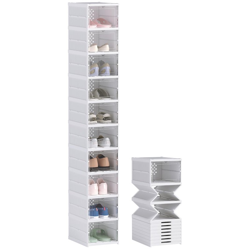 HOMCOM 8 Pack Foldable Shoe Organizer, Plastic No Assembly Stackable Shoe Storage Box with Clear Door, Space Saving, Fit up to US Size 10, White