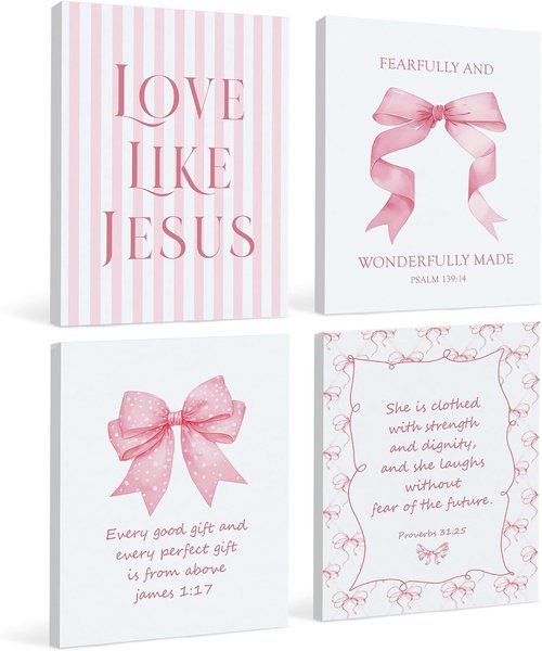 LARTSFRO Coquette Pink Bow Canvas Wall Art - Inspirational Bible Verses | Set of 4, 11x14 Inch for Teen Girls