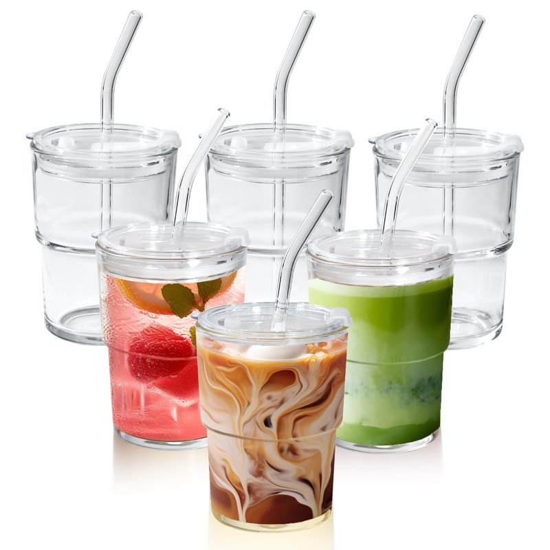 Icesip 15 oz Iced Coffee Cup Set of 6, Matcha Glass Tumbler with Straw and Lid Reusable Clear Thick Wall Matcha Cups for Tea Smoothie Tea Soda Juice Cup