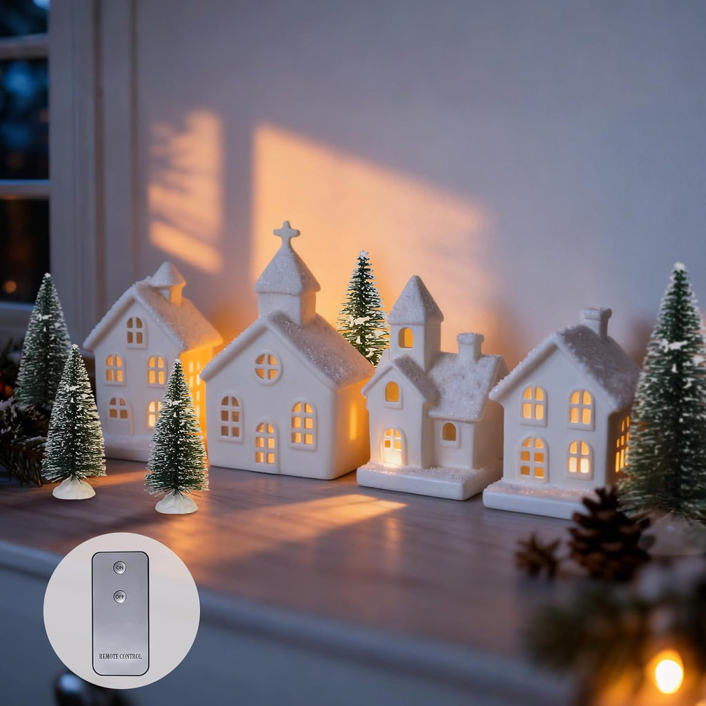 Skiennix Light Up Christmas Village Set - 4 Ceramic Houses & 5 Xmas Trees | Winter White Porcelain Decor