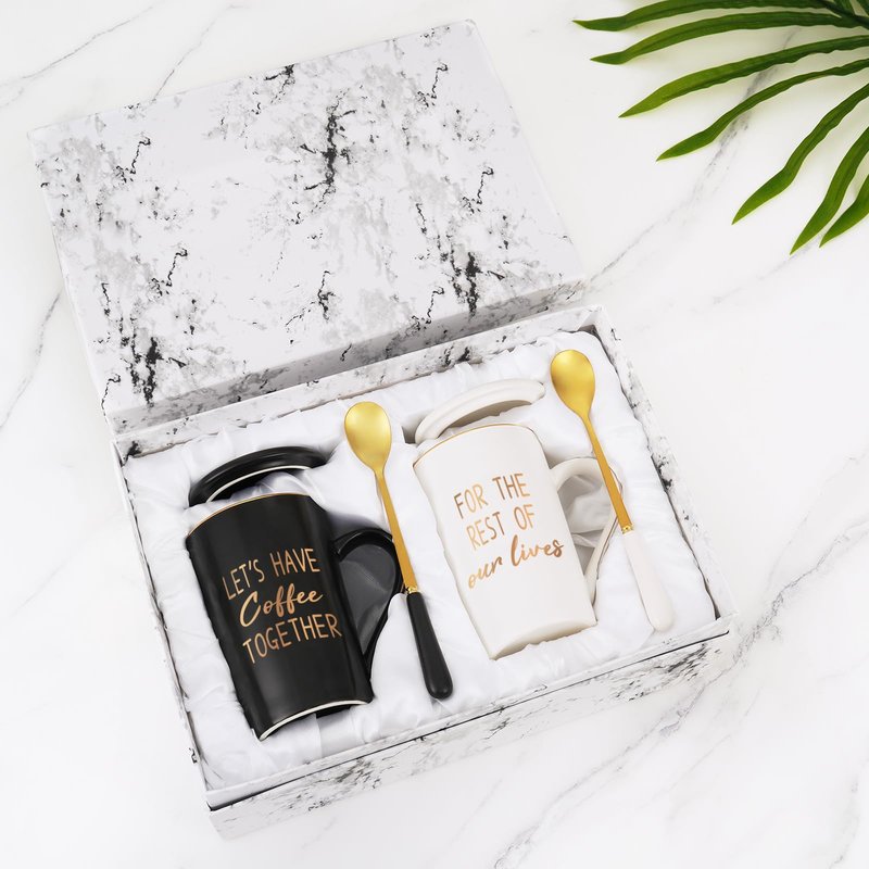YHRJWN - Engagement Gift, Anniversary Wedding Gifts for Couples, Let's Have Coffee Together Mug Set, Couples Gifts for Birthday Christmas, Mr Mrs Him Her Gifts, 14 Oz with Gift Box