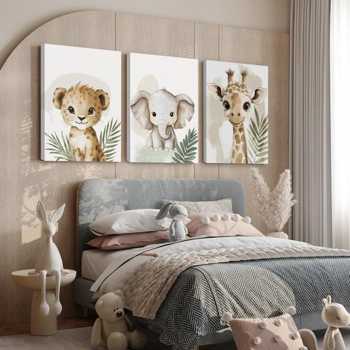 Nursery Animal Wall Art Decor Baby Boy Kids Room Pictures Safari Jungle Nursery Canvas Wall Decor Toddler Woodland Animals Prints Cute Giraffe Poster Artwork for Bedroom 16x24x3 Inch Wrapped Canvas