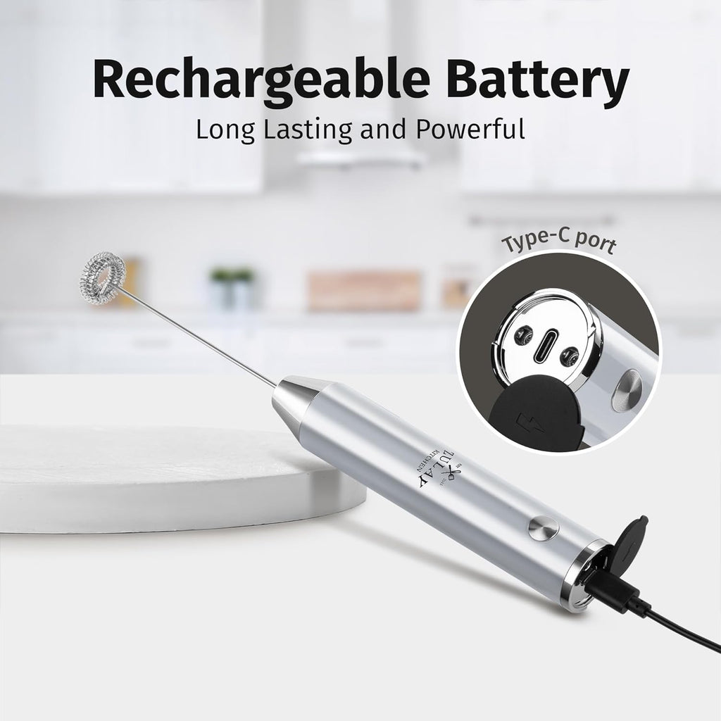 Zulay Kitchen Rechargeable Milk Frother - Powerful 2-Speed Motor, Waterproof, 2000mAh Battery | Perfect for Lattes, Cappuccinos & Matcha - Pure Silver