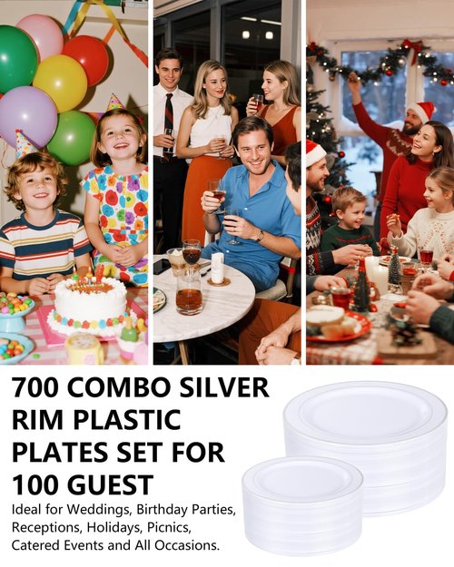 GATHER 700PCS Silver Plastic Plates - Silver Disposable Dinnerware Sets 100 Guest Include 200 Plates, 300 Silverware, 100 Napkins, 100 Cups For Wedding & Party