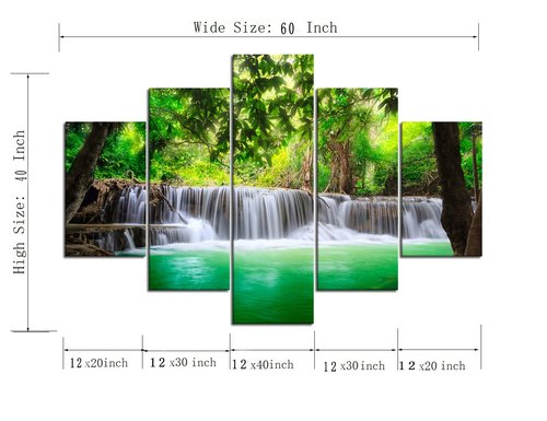 5 Panels Large Waterfall Canvas Painting Beautiful Green Forest Wall Art Stream Water Scenery Picture Nature Poster Print Wooden Artwork Home Decor for Living Room Bedroom Office Framed (60''Wx40''H)